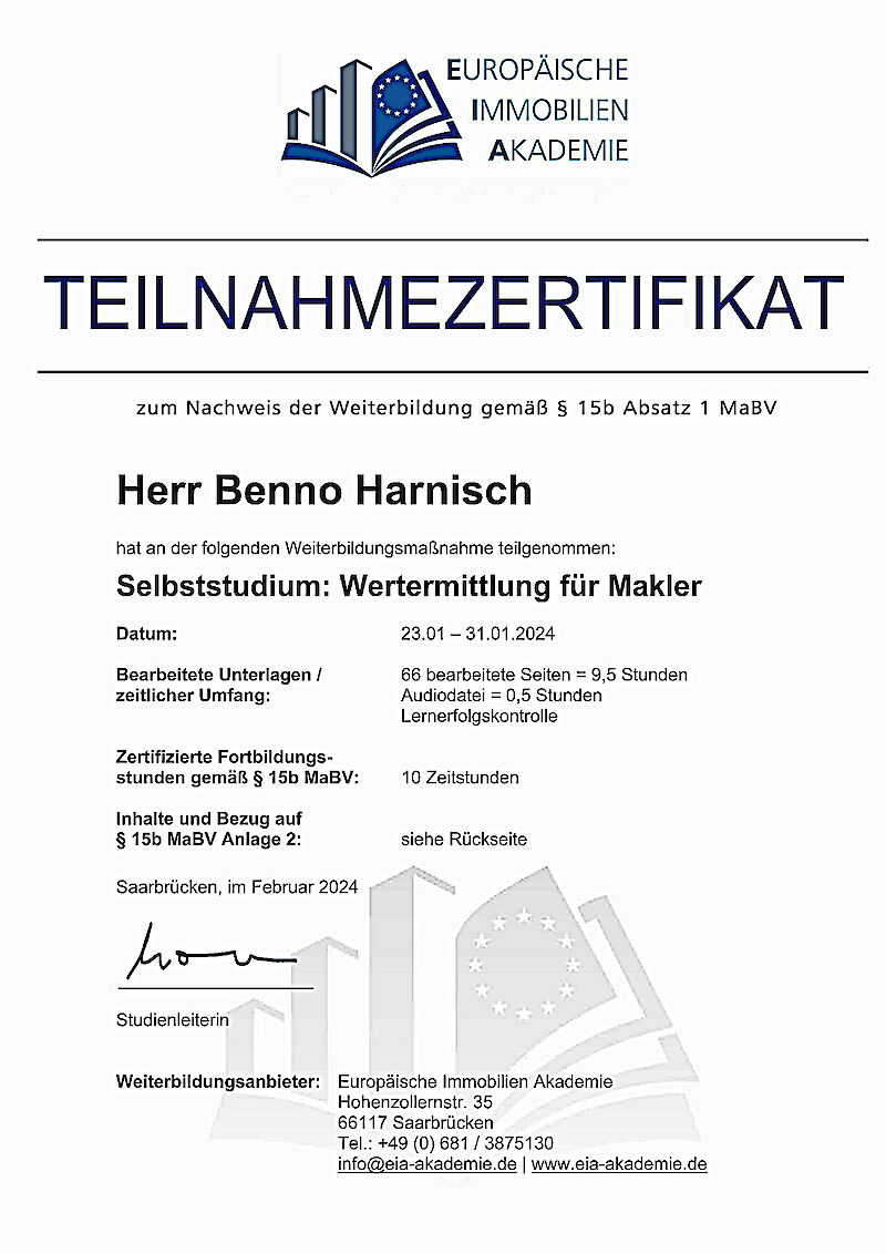 Immobilienmakler Benno Harnisch_Teilnahmezertifikat_Wertermittlung