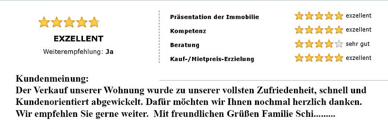 Informationsgehalt des Exposés: ⭐⭐⭐⭐⭐ Exzellent - Erreichbarkeit des Anbieters: ⭐⭐⭐⭐⭐ Exzellent - Beratung: ⭐⭐⭐⭐⭐ Exzellent - Immobilie wie beschrieben: ⭐⭐⭐⭐⭐ Exzellent - Empfehlung: ✅ Ja, weiterempfehlen Ja