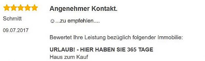 🌟🌟🌟🌟🌟 Kundenbewertung – Angenehmer Kontakt und klare Empfehlung Herr Schmitt bewertet die Zusammenarbeit mit Herrn Benno Harnisch beim Immobilienkauf mit der Höchstnote 5,0 Sterne – Exzellent und hebt den sympathischen Kontakt hervor.  🧾 Bewertete Immobilie: 🏡 „URLAUB! – HIER HABEN SIE 365 TAGE“ – Haus zum Kauf  💬 Kundenkommentar: „Angenehmer Kontakt 😊 … zu empfehlen …“  📆 Bewertungsdatum: